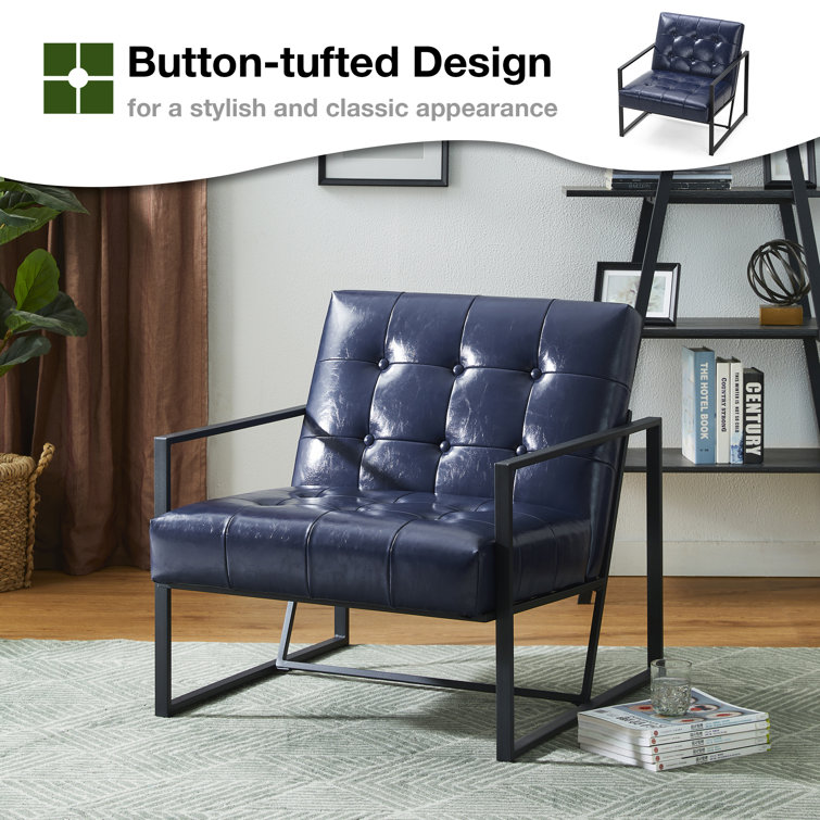 Navy Faux Leather Accent Chair with Metal Frame