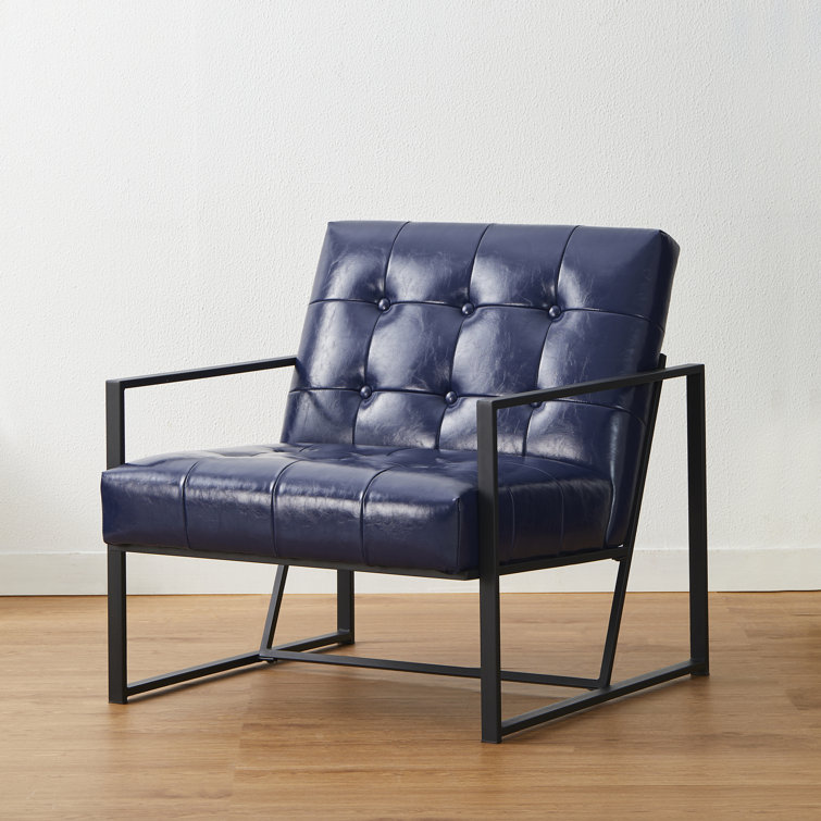 Navy Faux Leather Accent Chair with Metal Frame