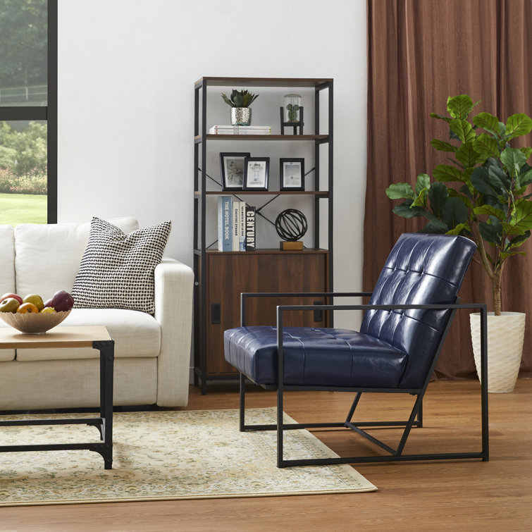 Navy Faux Leather Accent Chair with Metal Frame