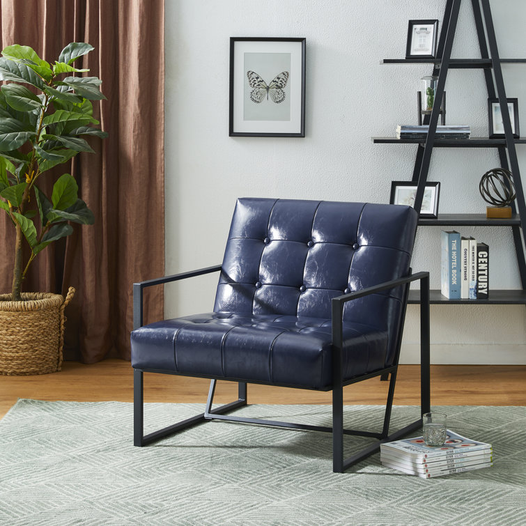 Navy Faux Leather Accent Chair with Metal Frame
