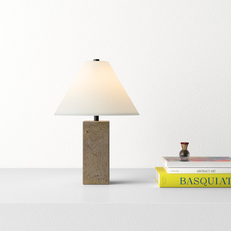 White Linen Shade Travertine Table Lamp