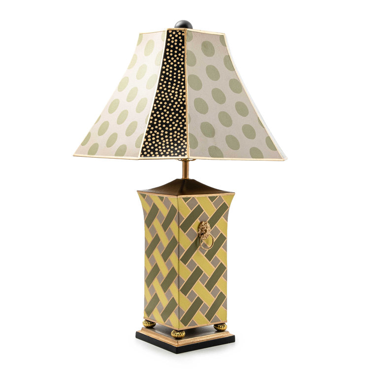 Hand-Painted Green and Beige Lattice Table Lamp with Bell Shade