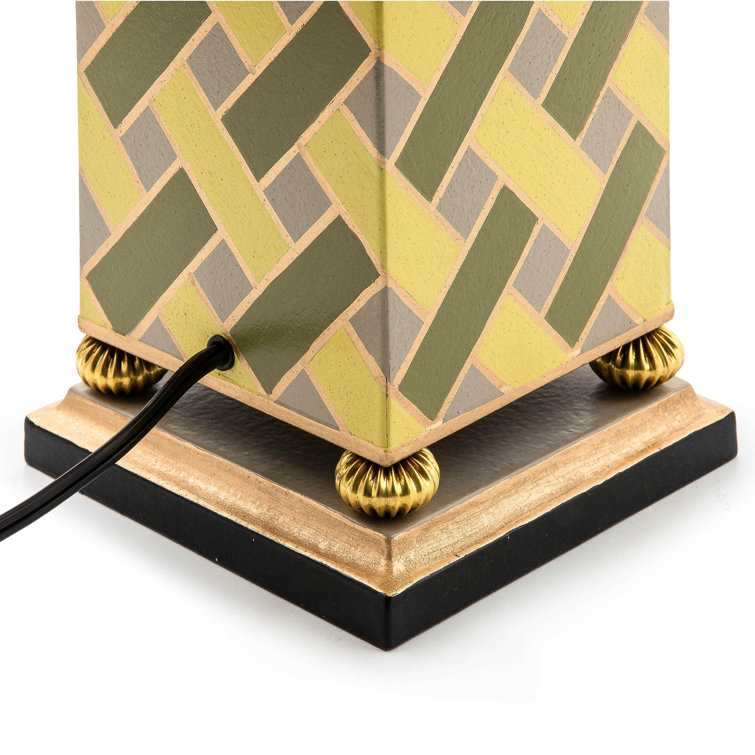 Hand-Painted Green and Beige Lattice Table Lamp with Bell Shade
