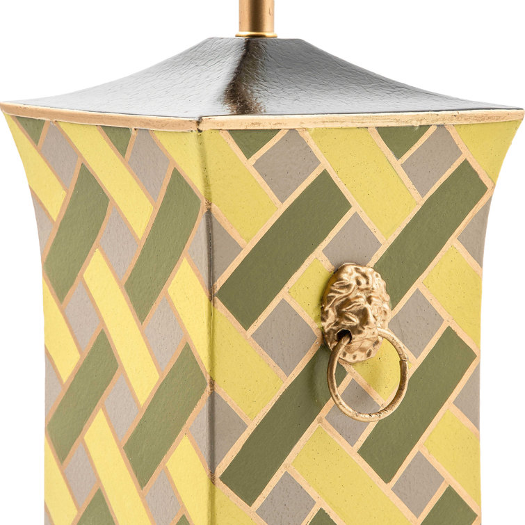 Hand-Painted Green and Beige Lattice Table Lamp with Bell Shade
