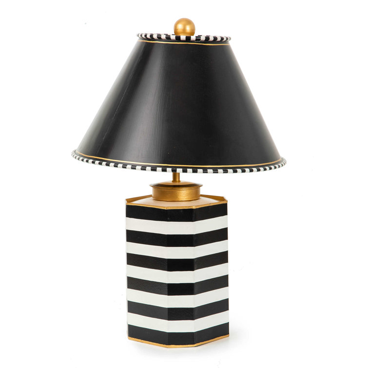 Black and White Striped Ceramic Table Lamp with Gold Trim