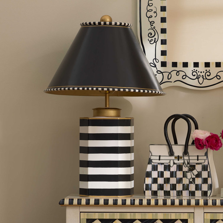 Black and White Striped Ceramic Table Lamp with Gold Trim