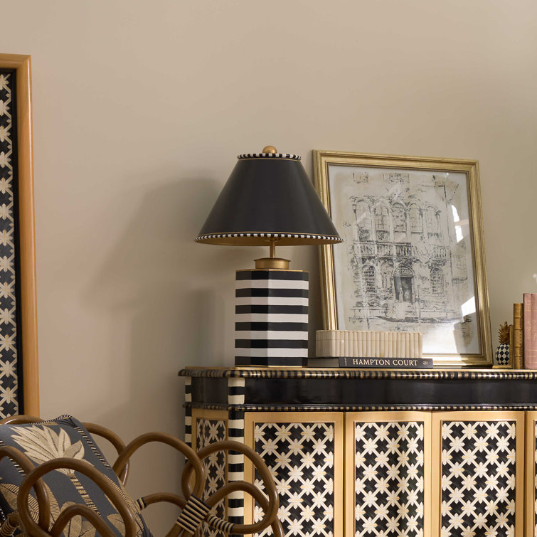 Black and White Striped Ceramic Table Lamp with Gold Trim