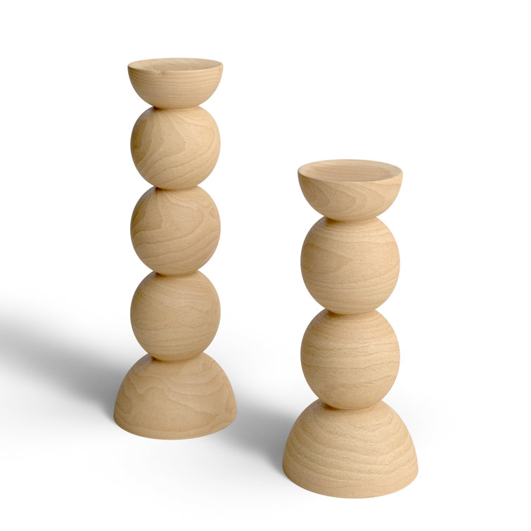 Classic Hand Carved Wooden Stacked Ball Candlestick Set