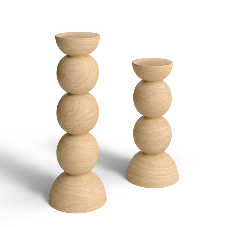Classic Hand Carved Wooden Stacked Ball Candlestick Set