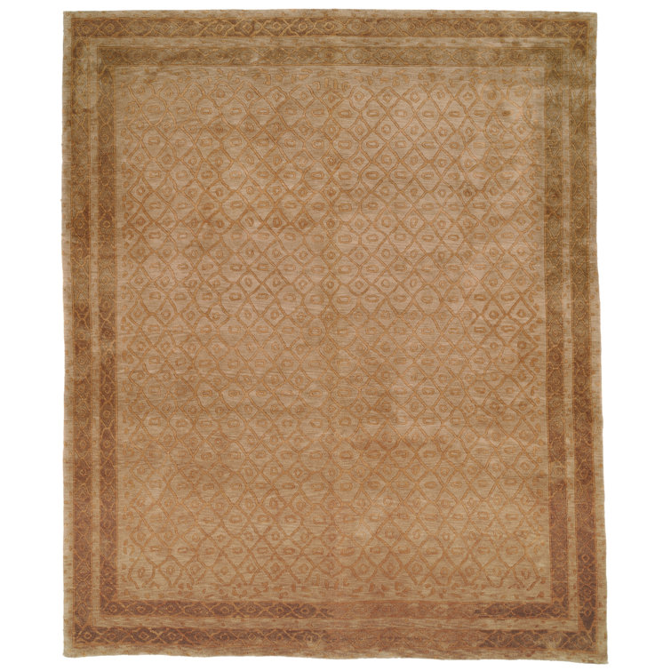 Hand-Knotted Green Wool and Silk Geometric Rug 4' x 6'