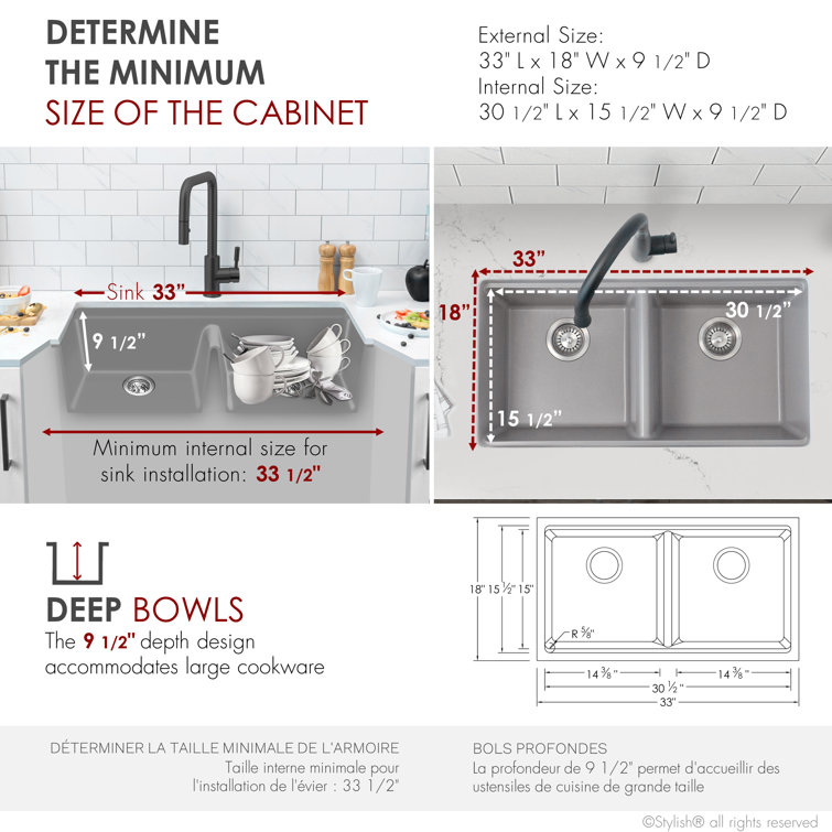 Gray Composite Granite Double Bowl Drop-In Kitchen Sink with Accessories