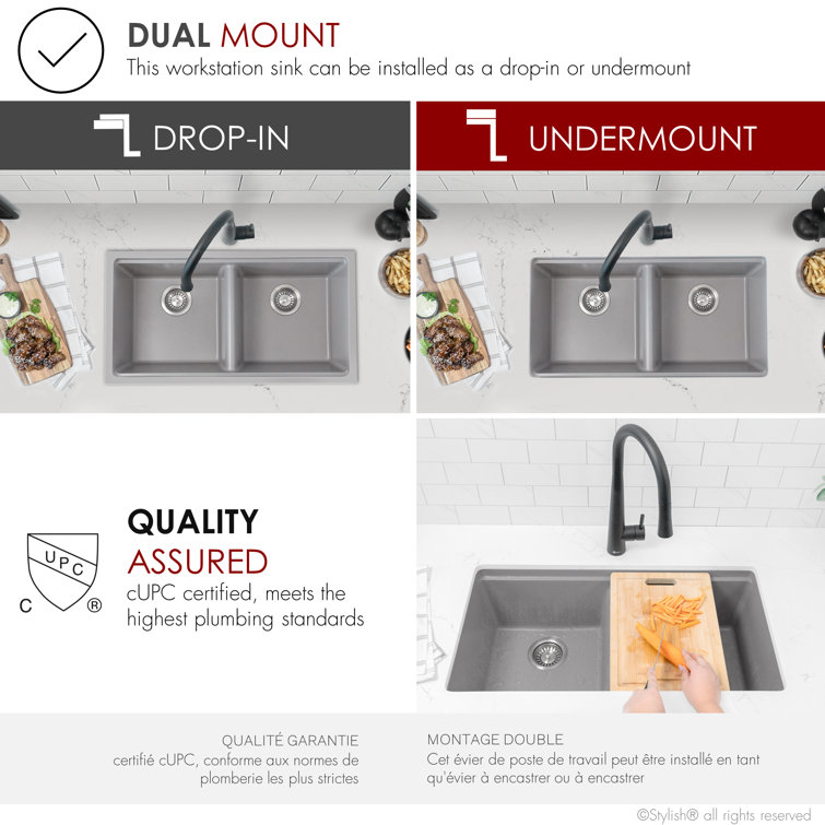 Gray Composite Granite Double Bowl Drop-In Kitchen Sink with Accessories