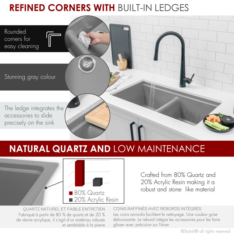 Gray Composite Granite Double Bowl Drop-In Kitchen Sink with Accessories