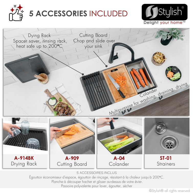 Gray Composite Granite Double Bowl Drop-In Kitchen Sink with Accessories