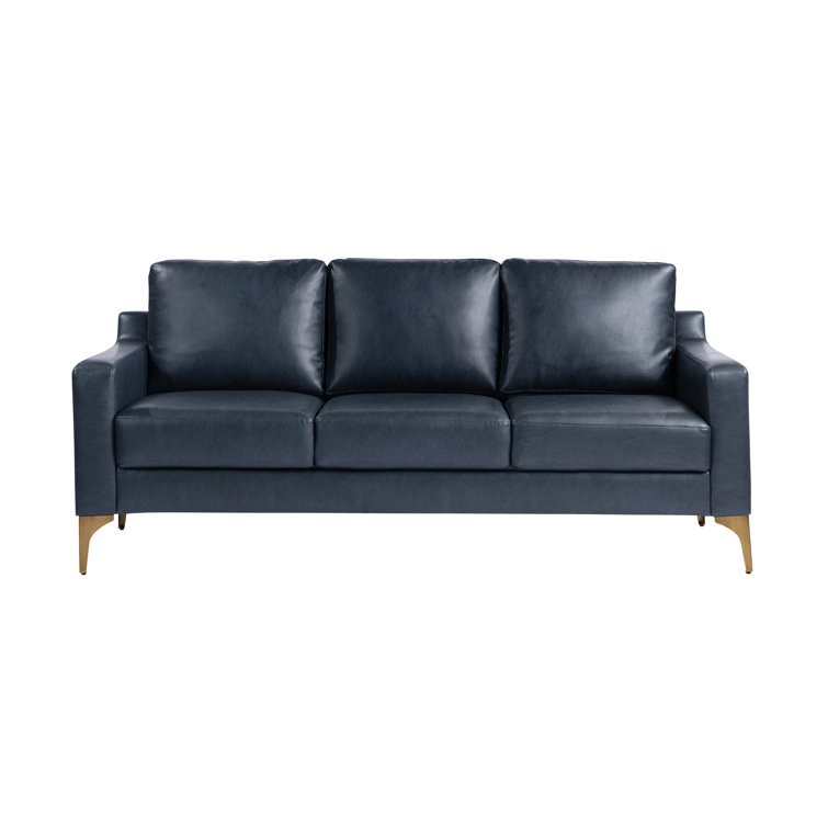 Navy Faux Leather Sofa with Removable Cushions and Wood Legs