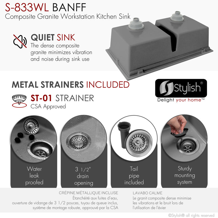 Gray Composite Granite Double Bowl Drop-In Kitchen Sink with Accessories