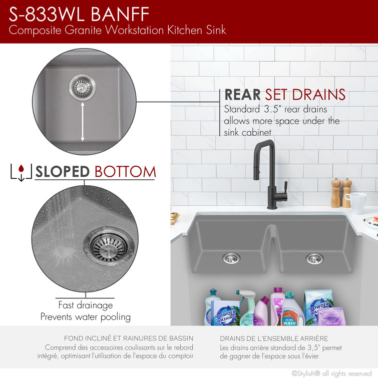 Gray Composite Granite Double Bowl Drop-In Kitchen Sink with Accessories