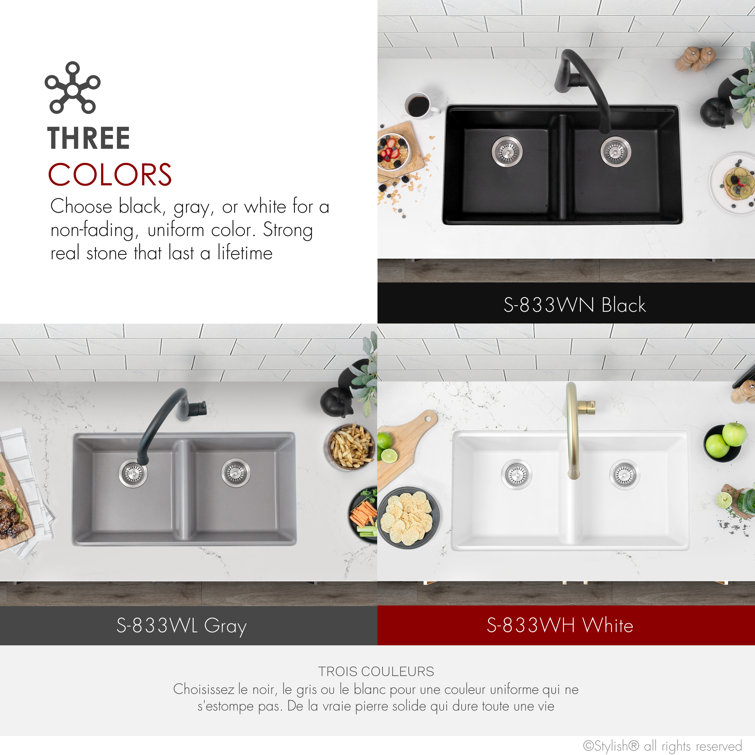 Gray Composite Granite Double Bowl Drop-In Kitchen Sink with Accessories