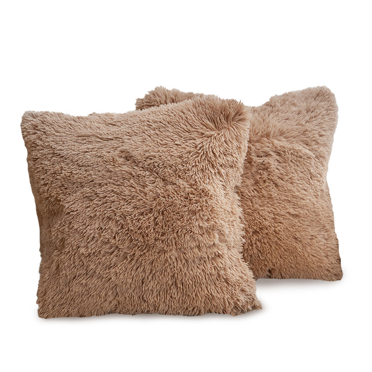 Taupe Faux Fur Shaggy Throw Pillows Set of 2