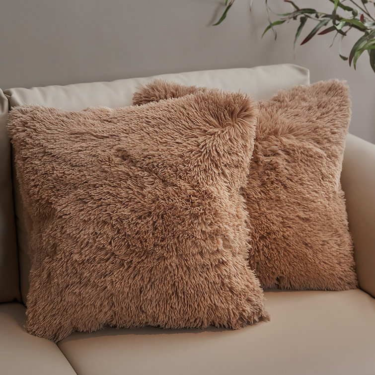 Taupe Faux Fur Shaggy Throw Pillows Set of 2