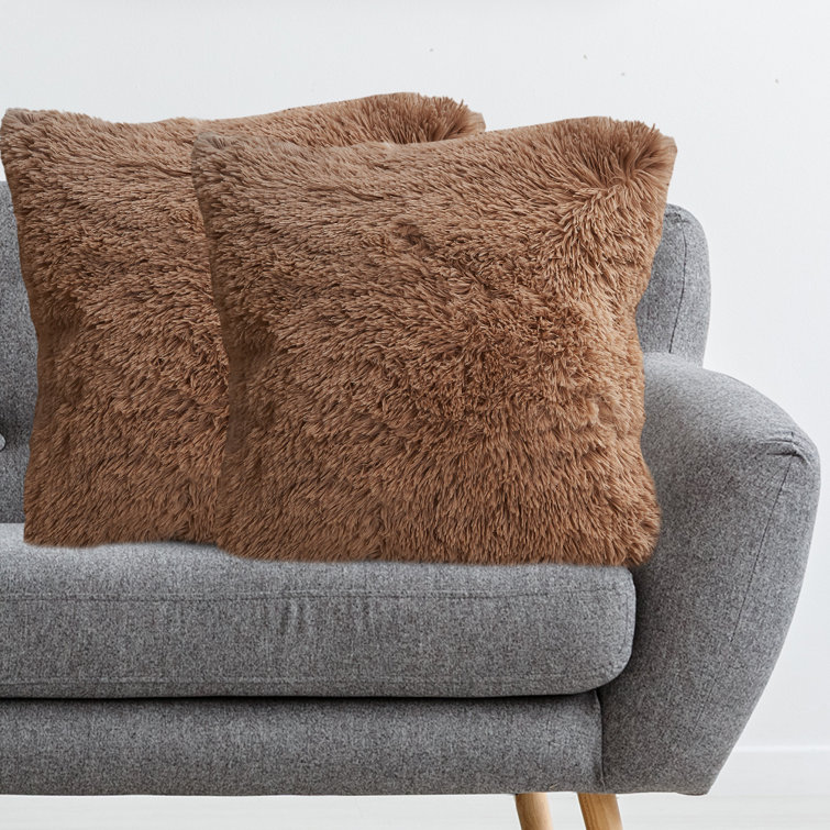 Taupe Faux Fur Shaggy Throw Pillows Set of 2