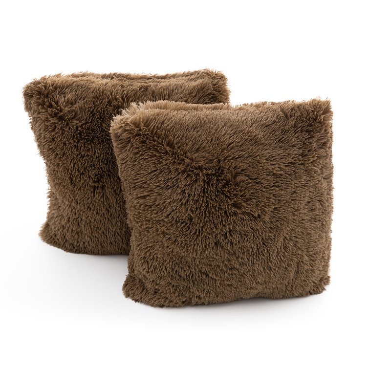 Taupe Faux Fur Shaggy Throw Pillows Set of 2