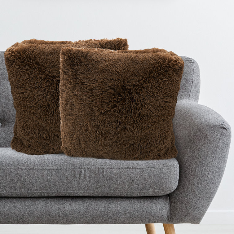 Taupe Faux Fur Shaggy Throw Pillows Set of 2