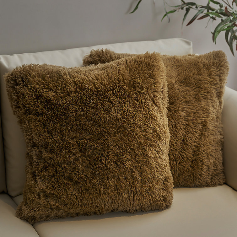 Taupe Faux Fur Shaggy Throw Pillows Set of 2
