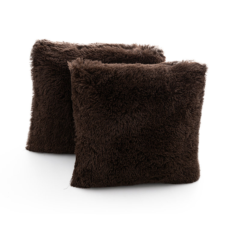 Chocolate Faux Fur Shaggy Throw Pillows Set of 2, 18" x 18"