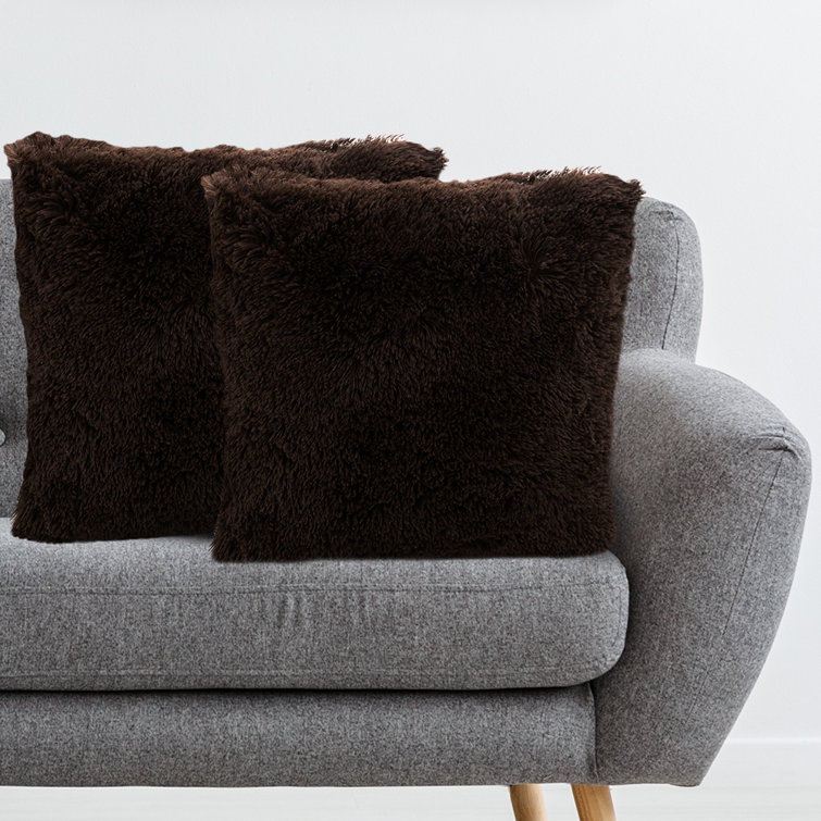 Chocolate Faux Fur Shaggy Throw Pillows Set of 2, 18" x 18"