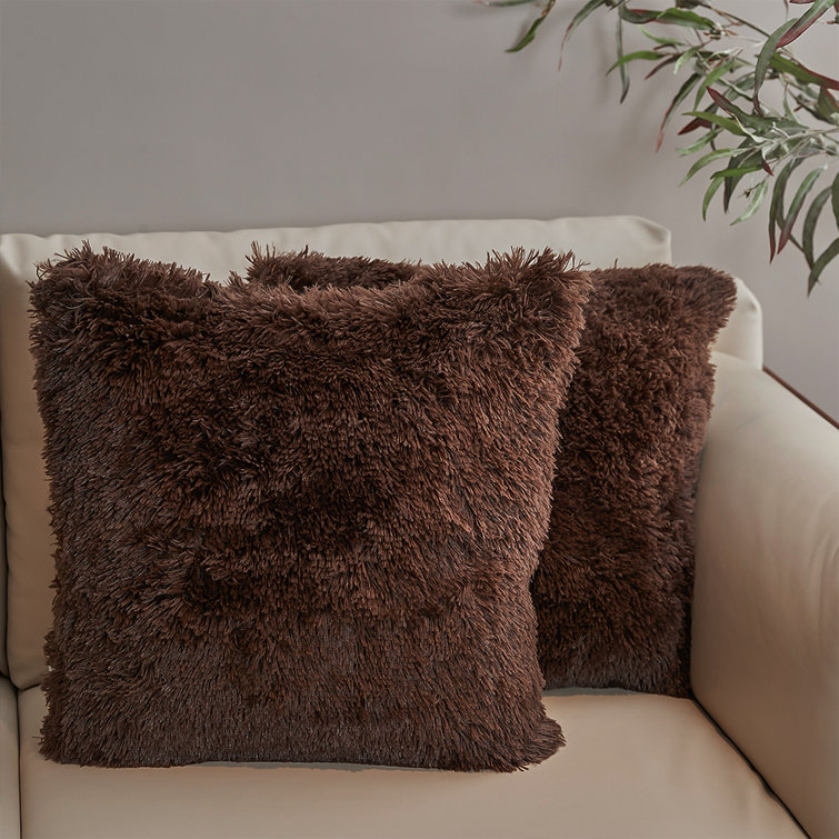 Chocolate Faux Fur Shaggy Throw Pillows Set of 2, 18" x 18"