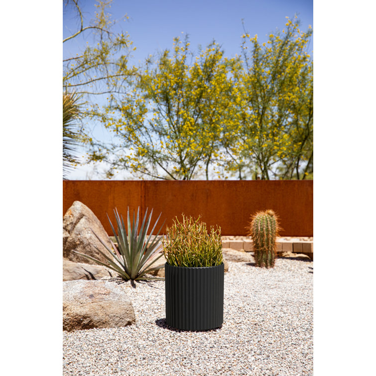 Black Fluted Plastic-Stone Round Planter Set