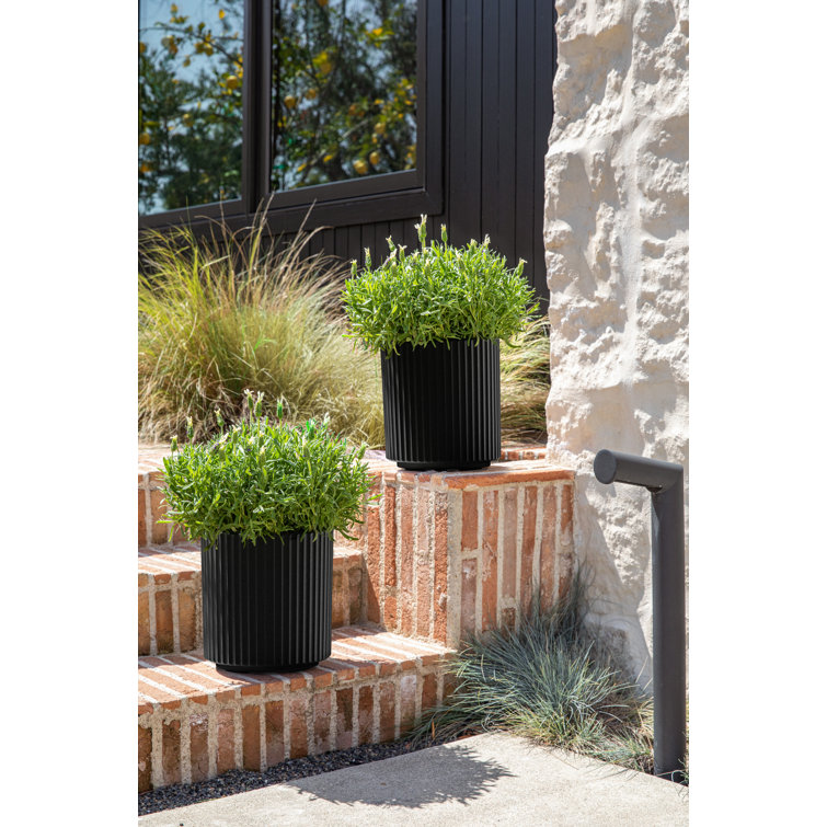 Black Fluted Plastic-Stone Round Planter Set