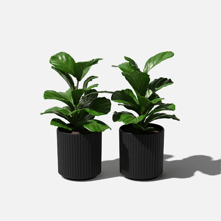 Black Fluted Plastic-Stone Round Planter Set