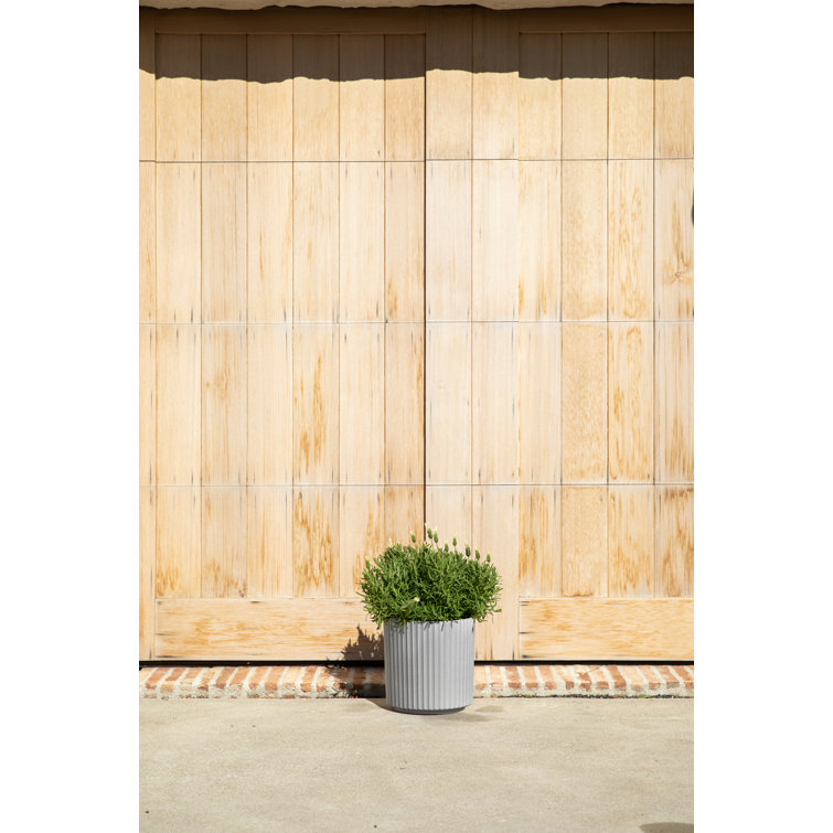 Gray Fluted Plastic-Concrete Round Planter, 11.5" H