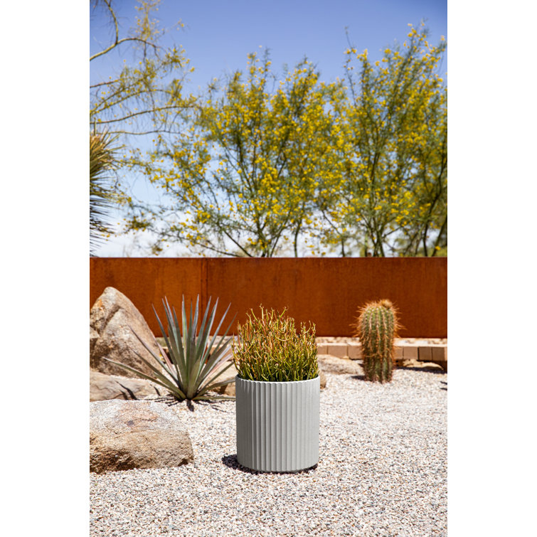 Gray Fluted Plastic-Concrete Round Planter, 11.5" H