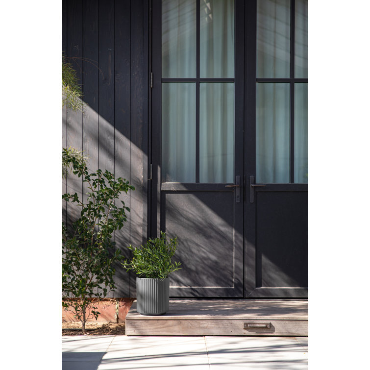 Gray Fluted Plastic-Concrete Round Planter, 11.5" H