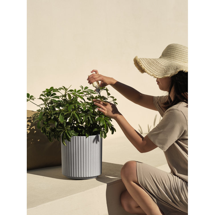 Gray Fluted Plastic-Concrete Round Planter, 11.5" H
