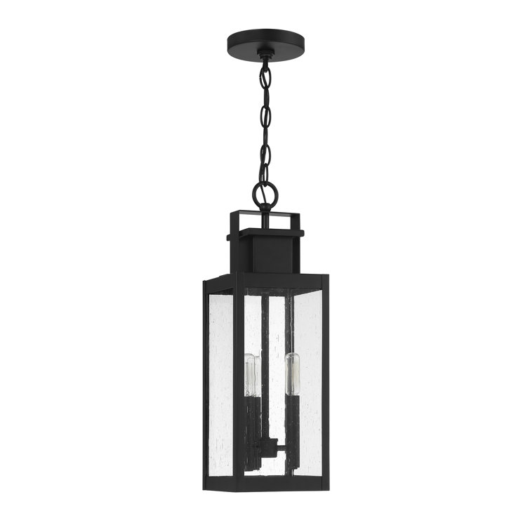 Matte Black 3-Light Outdoor Hanging Lantern with Clear Seeded Glass