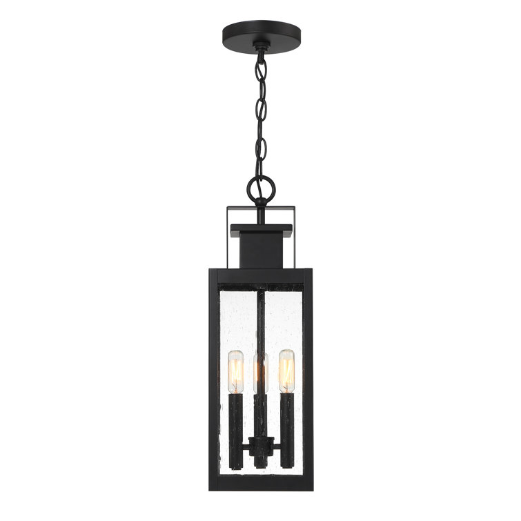 Matte Black 3-Light Outdoor Hanging Lantern with Clear Seeded Glass