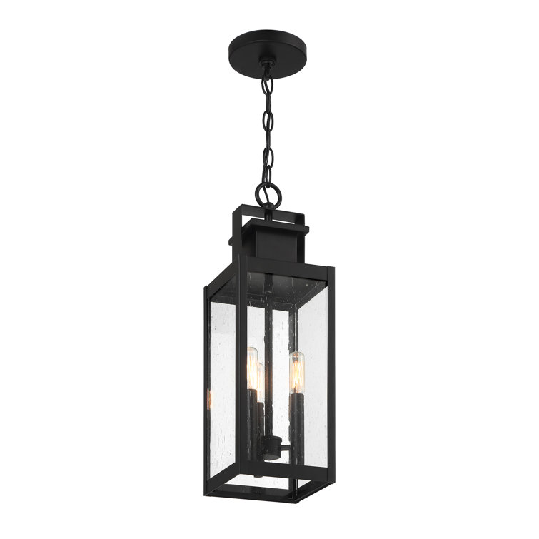 Matte Black 3-Light Outdoor Hanging Lantern with Clear Seeded Glass