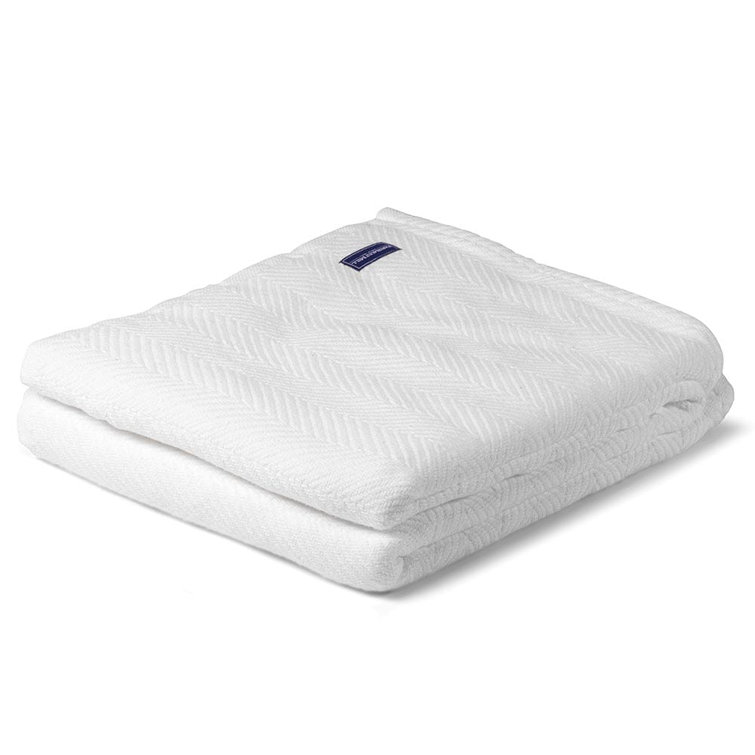 Full White Cotton Woven Blanket with Herringbone Pattern