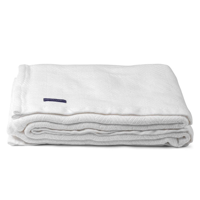 Full White Cotton Woven Blanket with Herringbone Pattern