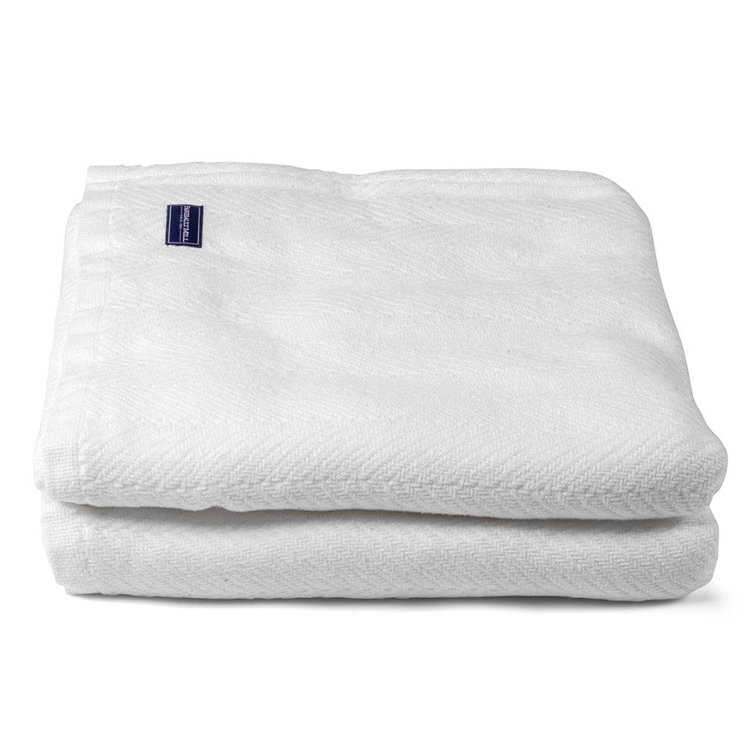 Full White Cotton Woven Blanket with Herringbone Pattern