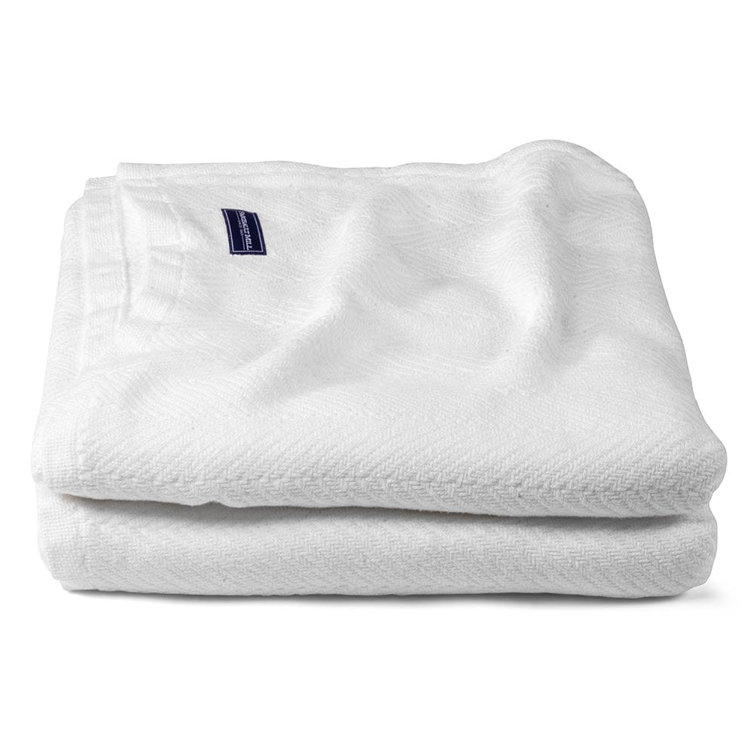 Full White Cotton Woven Blanket with Herringbone Pattern