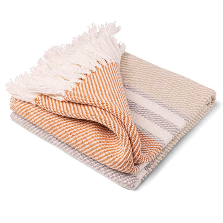 Light Orange and White Cotton Hand Woven Throw with Fringe