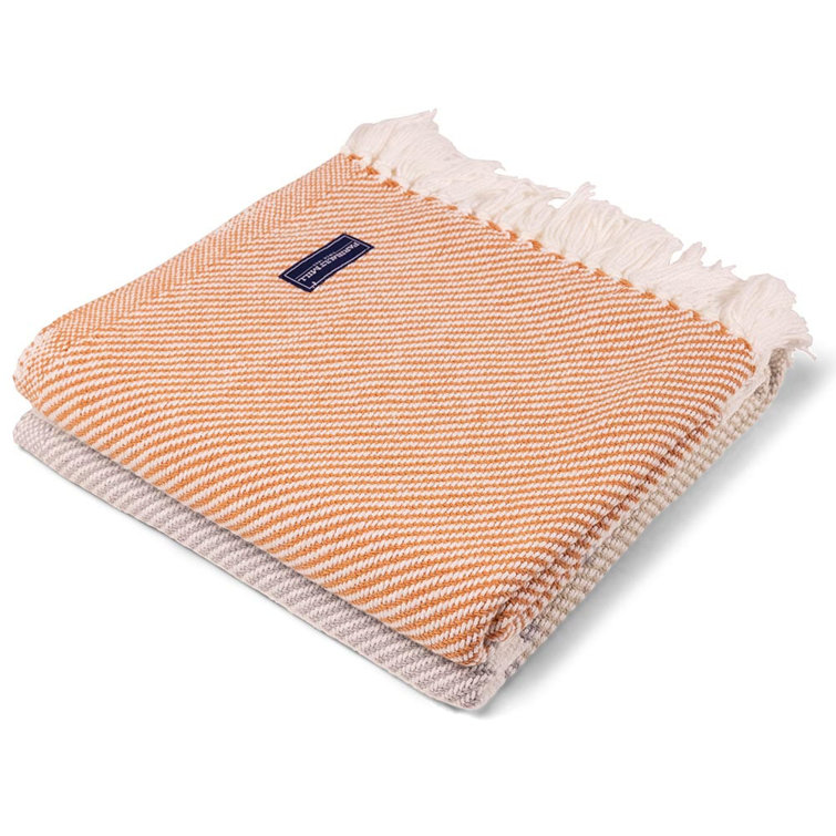 Light Orange and White Cotton Hand Woven Throw with Fringe