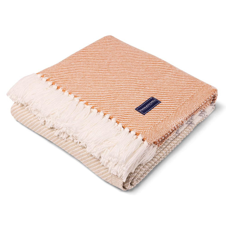 Light Orange and White Cotton Hand Woven Throw with Fringe