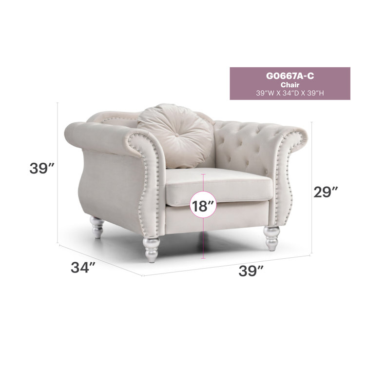 Ivory Velvet Rolled Arm Accent Chair with Button Detail