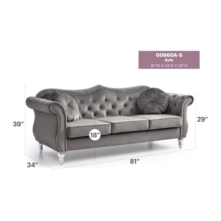 Elegant Dark Gray Velvet Tufted Sofa with Nailhead Accents